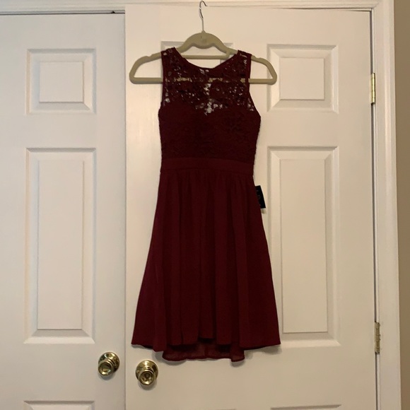 Burgundy mini skater lace dress, homecoming, wedding guest, prom - Picture 2 of 5